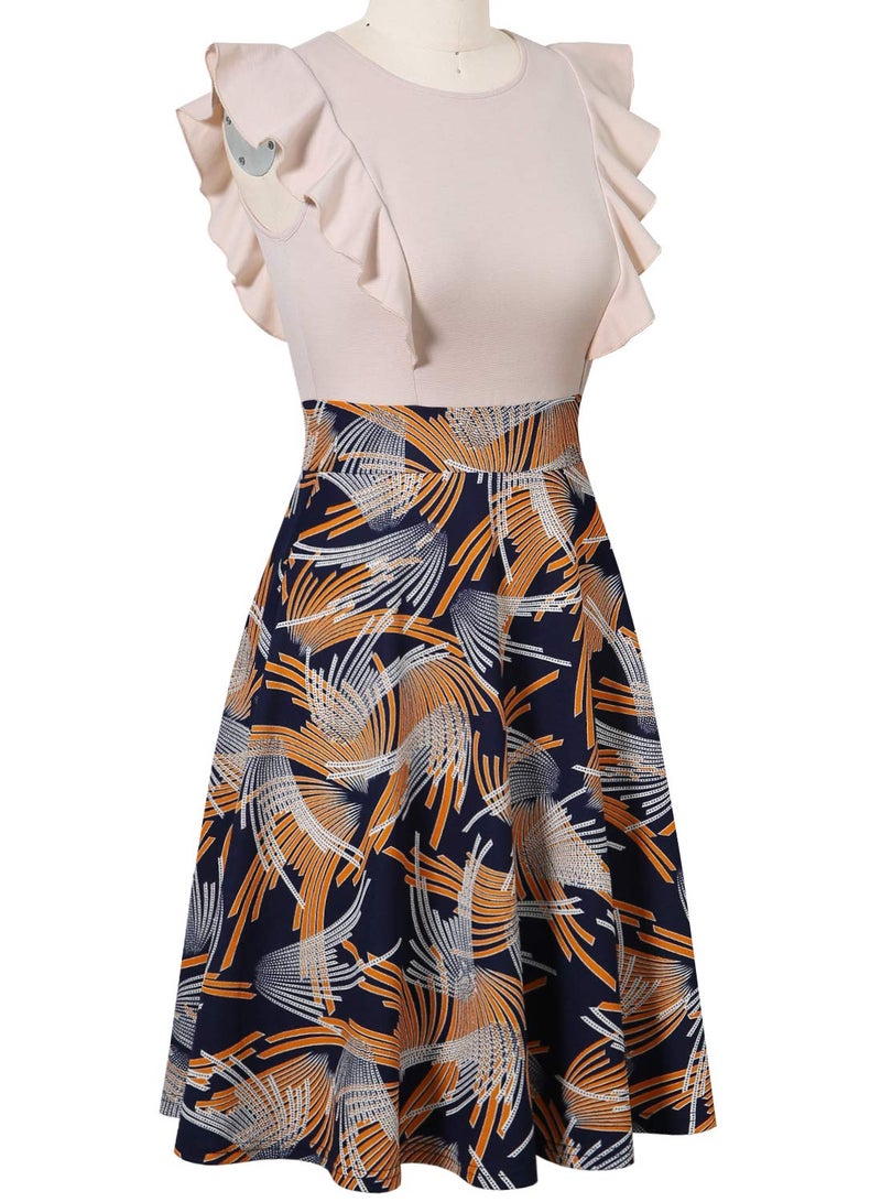 YATHON Women's Vintage Ruffle Floral Flared A Line Swing Casual Cocktail Party Dresses (XL, YT001-Beige Firework) - Image 3